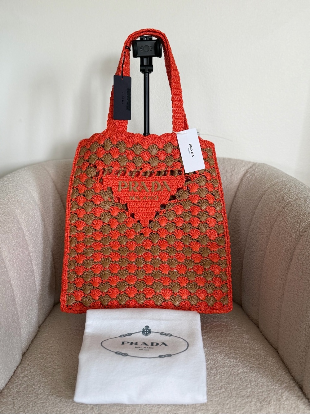 Prada Large Raffia Crochet Tote Bag Orange Brown Shopping Bag NWT - Picture 3 of 14